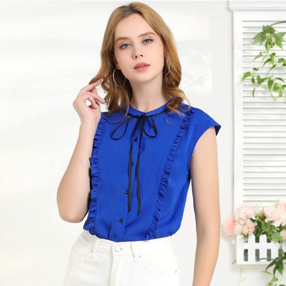 Allegra K Cute Ruffled‎ Button Down Top Blue Black XS Tie Neck Sleeveless - Picture 1 of 12